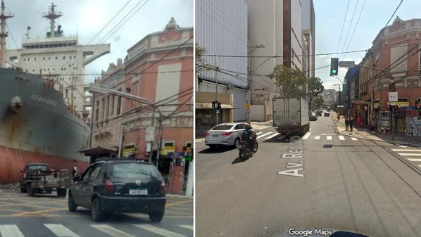 A montagem assusta pela grandeza da embarcação próxima aos carros, e circulou pelos grupos do WhatsApp nesta sexta-feira (10)