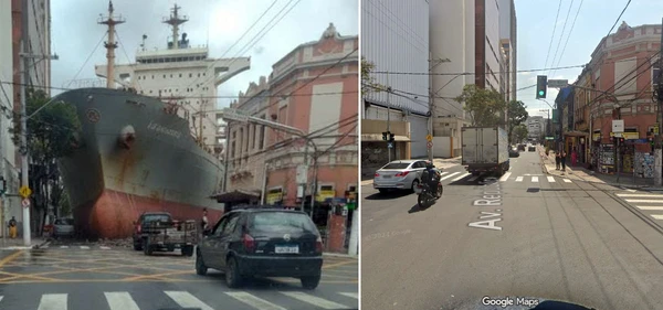 À esquerda, a imagem falsa que viralizou na internet. À direita, o trecho real da avenida no Centro de Vitória