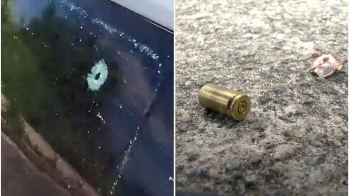 Marca de tiro em carro e munições no meio da rua após tiroteio em Balneário de Carapebus, na Serra