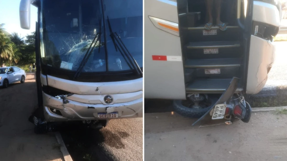 Moto para debaixo de ônibus em acidente na BR 101, em Guarapari