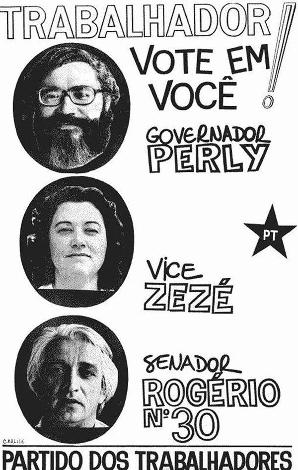 Santinho com a propaganda da chapa majoritária do PT-ES em 1982, incluindo o jornalista Rogério Medeiros, que foi candidato a senador
