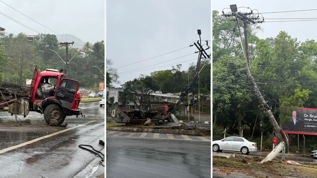 Caminhão roda na pista e atinge poste em avenida de Cachoeiro