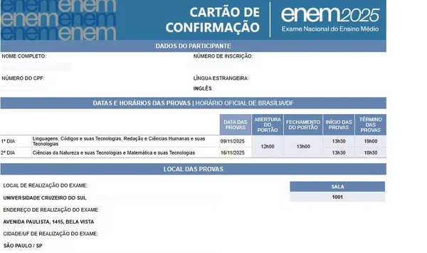Cartão de Confirmação do Enem 2025 já está disponível.
