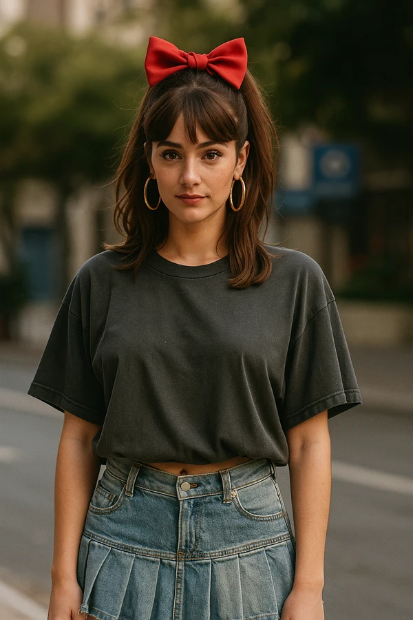 Saias jeans plissadas e laços no cabelo estão na moda