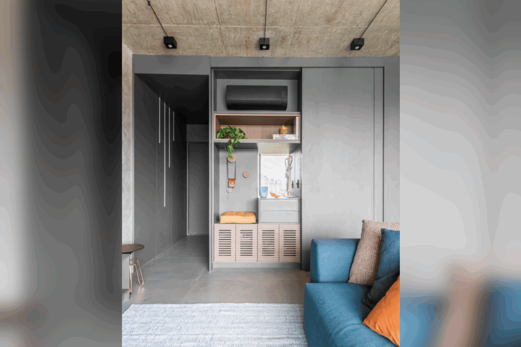 Os móveis também podem ser revestidos na mesma paleta de cores do ambiente (Projeto: BMA Studio | Imagem: Guilherme Pucci)