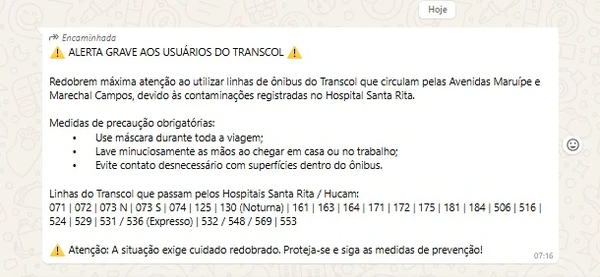 Mensagem de alerta para usuários do Sistema Transcol