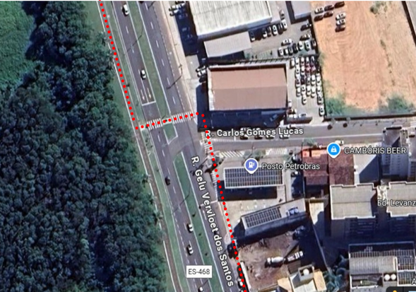 Linha vermelha mostra o trajeto a ser seguido por ciclistas no sentido Serra x Camburi