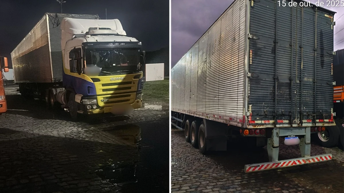 Caminhão que foi utilizado no crime; o motorista transferiu a carga para outro veículo para simular o roubo