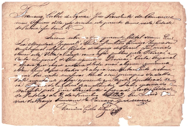 Documento de proclamação da Elevação da Vila de Vitória à Categoria de Cidade (1823)
