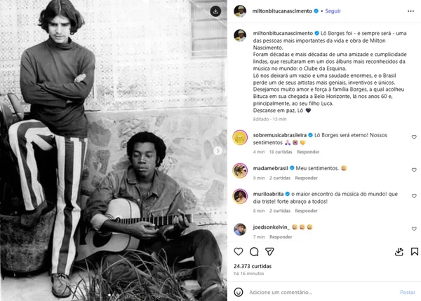 Homenagem a Lô Borges postada no perfil de Milton Nascimento