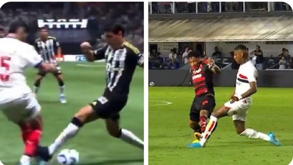 Plata, do Flamengo, foi corretamente expulso ao acertar o tornozelo de Arboleda. Já Júnior Alonso permaneceu em campo mesmo acertando Michel Araújo