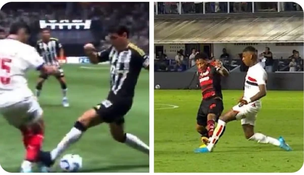 Júnior Alonso e Plata: lances idênticos, porém apenas o ataante do Flamengo foi expulso pela entrada violenta