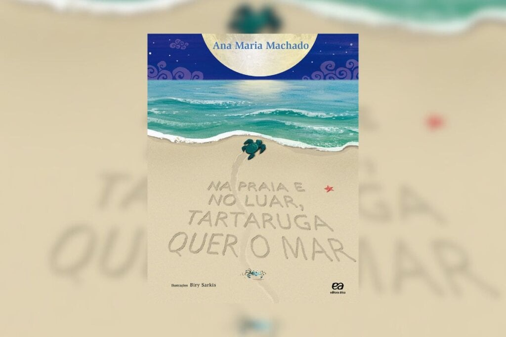 “Na praia e no luar, tartaruga quer o mar” conta a história de dois jovens que embarcam em uma missão para proteger as tartarugas marinhas (Imagem: Divulgação | Editora Ática)