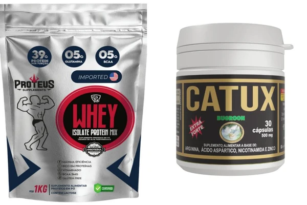 Whey da marca Proteus e suplemento alimentar da Bugroon Raízes
