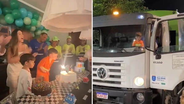 Pequeno Leo, que completou três anos na terça-feira (11), até andou na cabine do caminhão de lixo