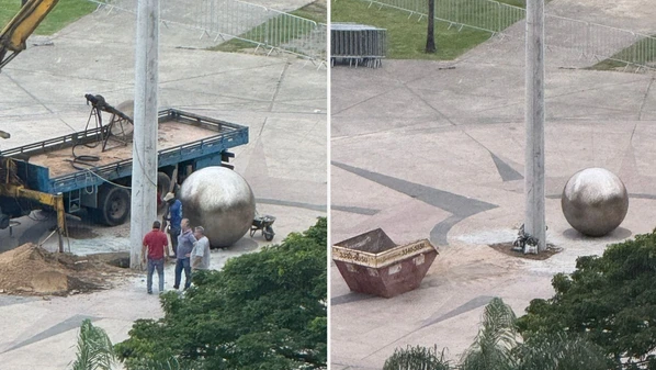 Moradores se incomodaram com o poste no espaço; segundo a prefeitura, intervenção é provisória para a decoração natalina e estrutura será refeita com o mesmo material após o Natal