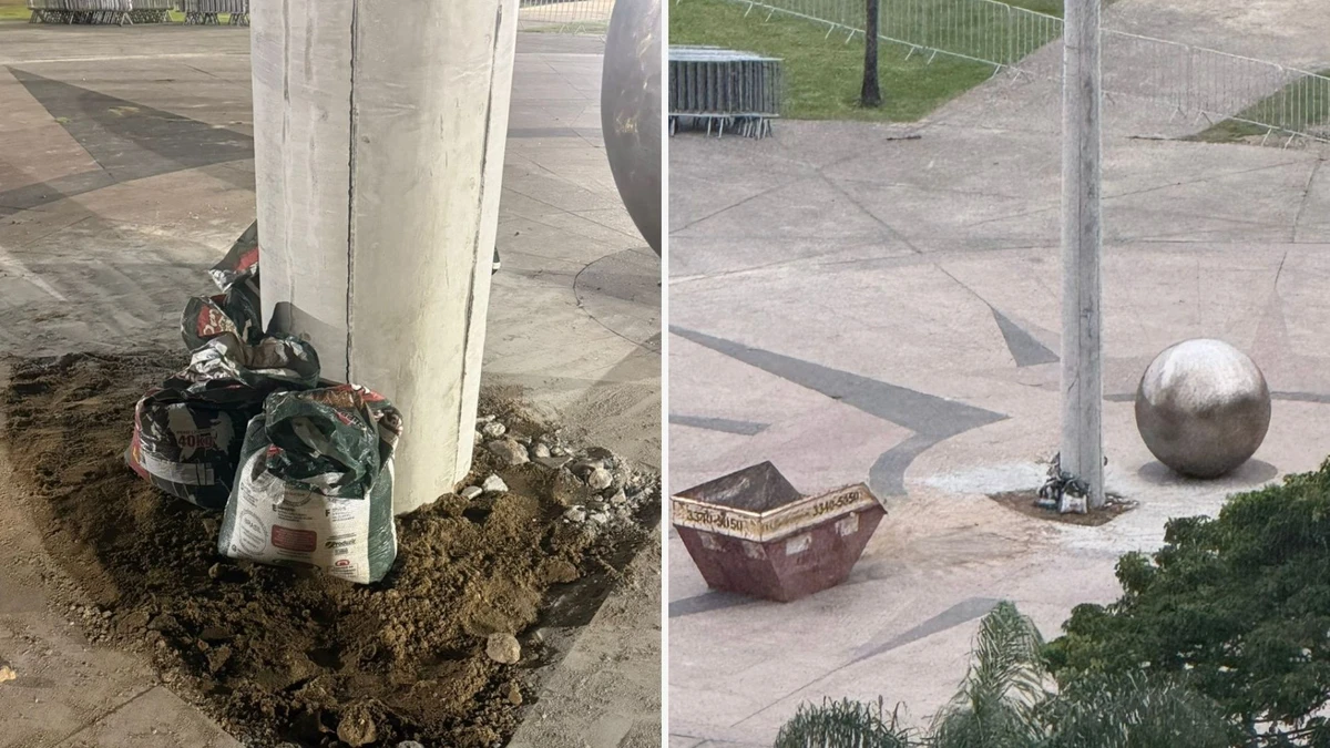Poste colocado na Rosa dos Ventos da Praça do Papa