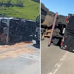 Quando a PRF chegou ao local na manhã desta quinta-feira (13), os responsáveis pelo saque já haviam fugido; motorista não se feriu