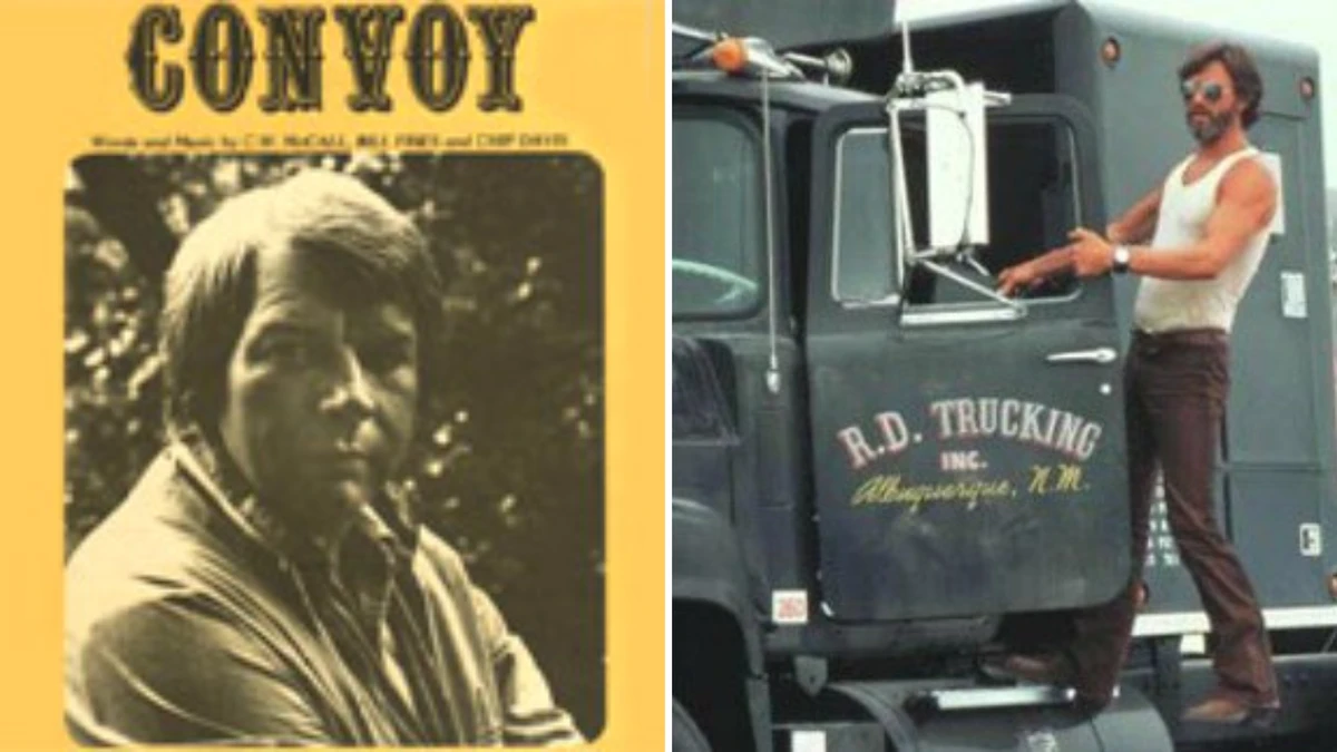 À esquerda, C.W. McCall, que lançou o hino da estrada “Convoy” em 1975. À direita, Kris Kristofferson, que interpretou o caminhoneiro “Pato Borracha” no filme Convoy (1978), que ampliou a mitologia da estrada e da resistência americana. 