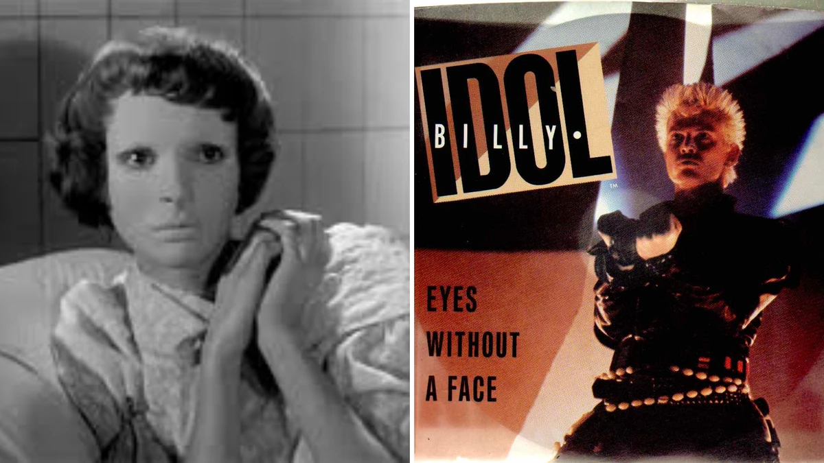 O filme francês de terror poético Les Yeux Sans Visage (1960) (esquerda), sobre a perda da identidade. Sua inquietação foi recuperada por Billy Idol (direita) no sucesso melancólico “Eyes Without a Face” (1983). 