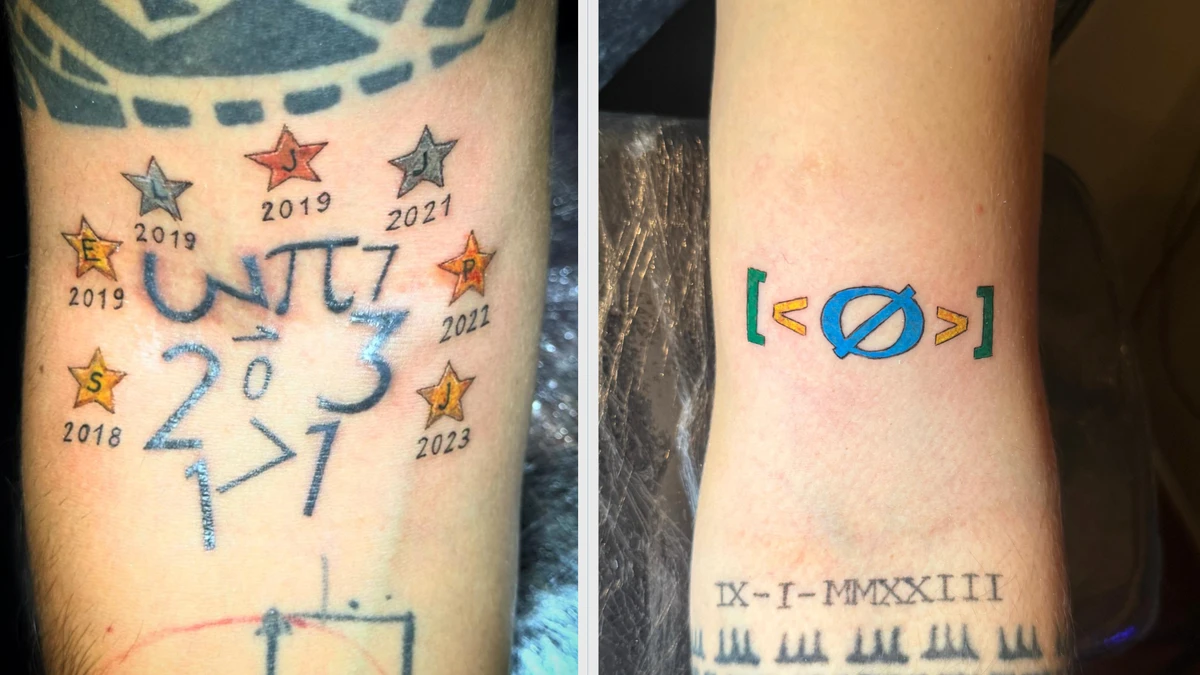 À esquerda tatuagem dedicada aos alunos e à direita tatuagem dedicada a sua própria conquista.