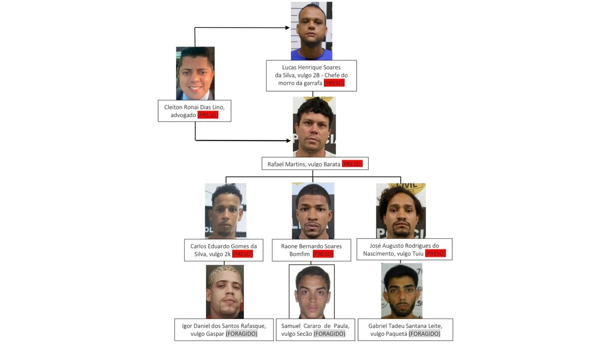 Organograma mostra a hierarquia do grupo suspeito de envolvimento em ataque em distribuidora em Novo Horizonte, na Serra