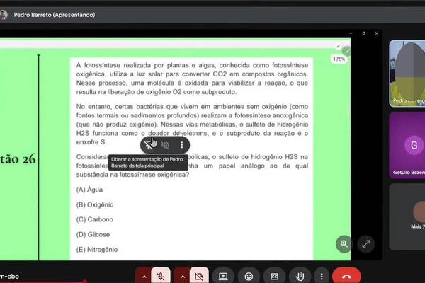 Questão sobre fotossíntese divulgada em live pelo estudante Edcley Teixeira