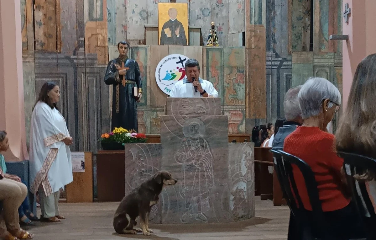 O cachorro comunitário ficou ao lado do púlpito e atento à leitura da Palavra de Deus