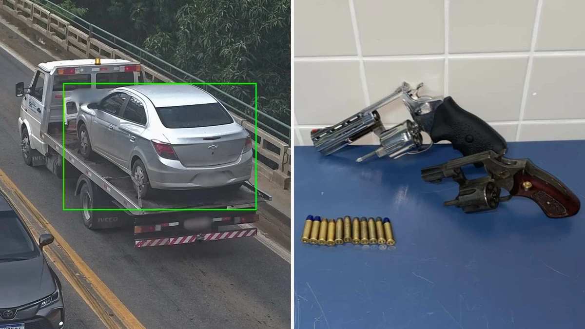 À esquerda, carro usado no crime sendo guinchado; À direita, duas armas apreendidas com os suspeitos