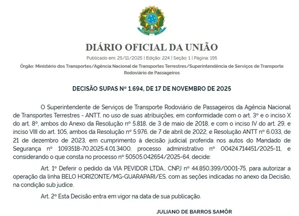 A decisão da ANTT publicada no Diário Oficial da União
