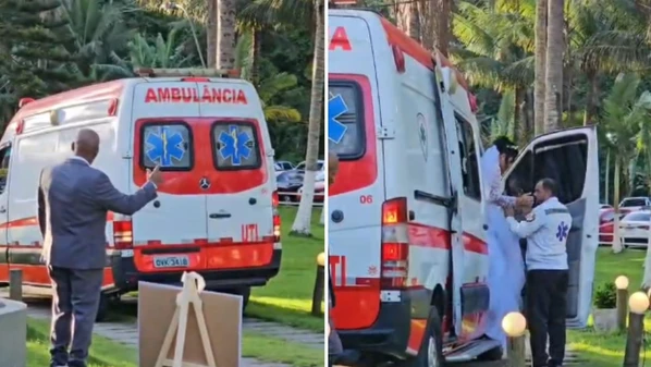 Enfermeira emergencista entrou com sirene ligada e surpreendeu convidados em cerimônia realizada em um sítio no bairro Barcelona
