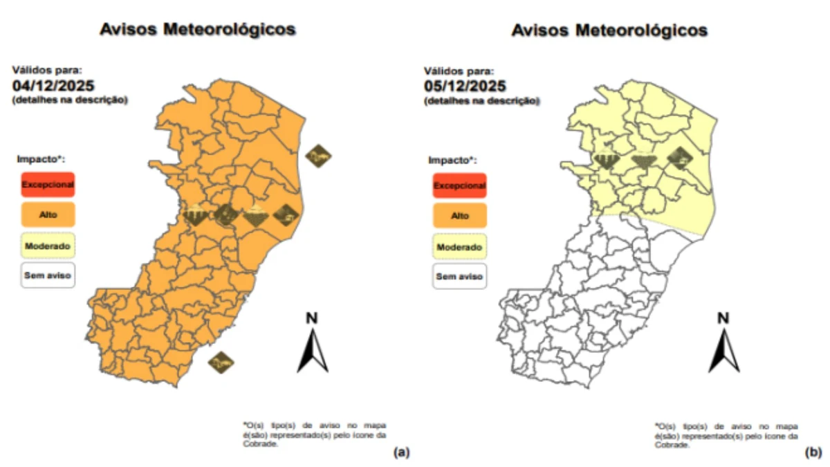 Defesa Civil Estadual alerta para alto impacto de chuva em todo o Estado durante toda a quinta-feira (4)