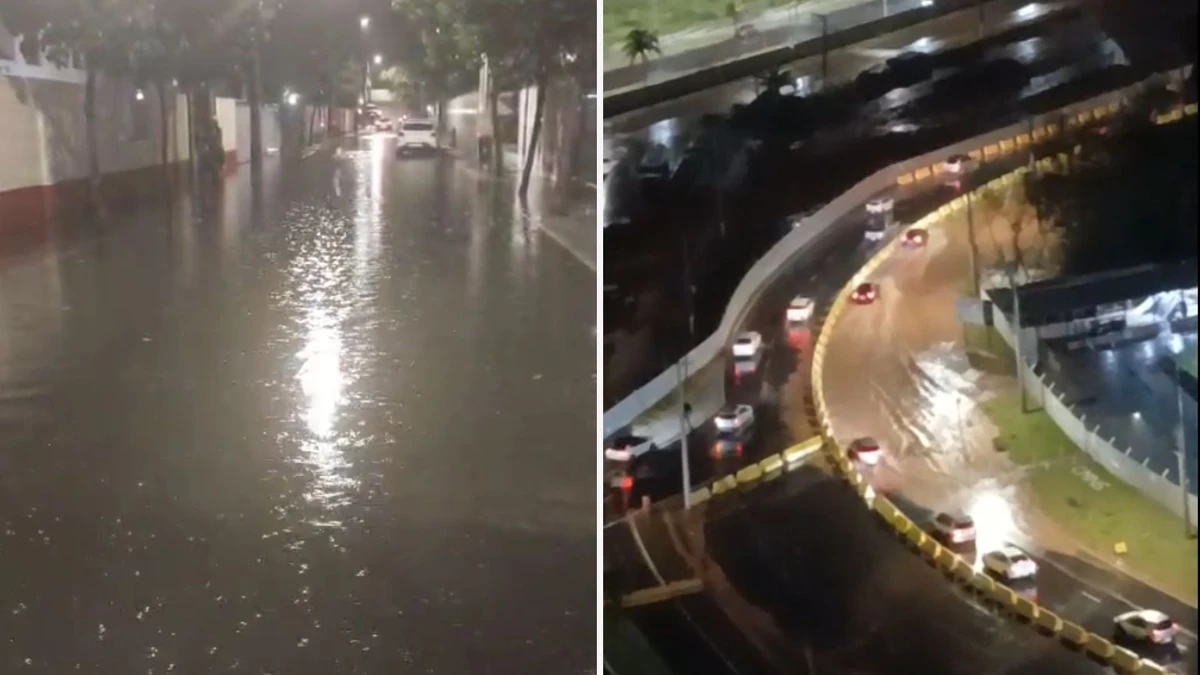 Rua alagada em Mata da Praia e água na obra do Mergulhão de Camburi