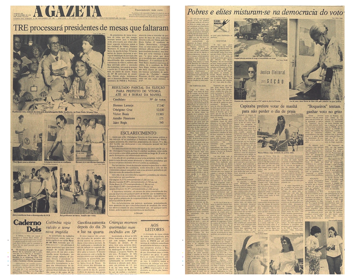 Edição de A Gazeta sobre primeira eleição para prefeito de Vitória após a ditadura