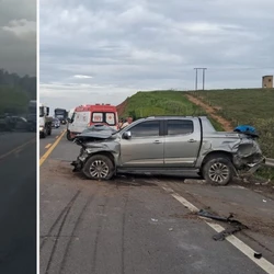 Colisão envolveu um caminhão e uma caminhonete na tarde desta quarta-feira (10); veículo da vítima acabou caindo de um barranco após a colisão