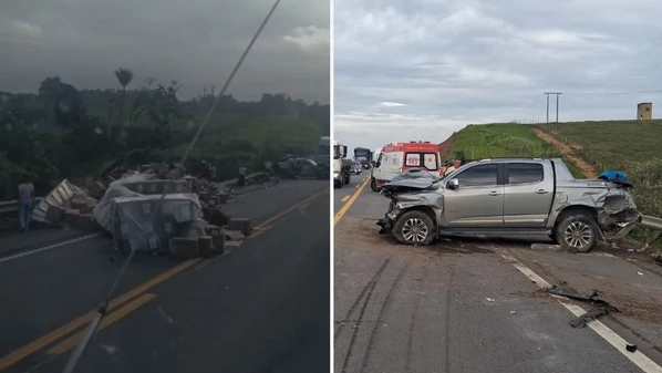 Colisão envolveu um caminhão e uma caminhonete na tarde desta quarta-feira (10); veículo da vítima acabou caindo de um barranco após a colisão