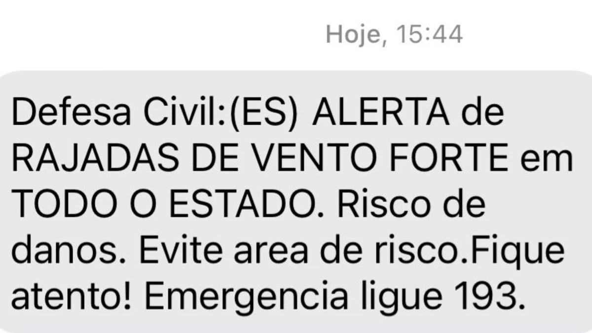 Alerta foi emitido via SMS na tarde desta quarta-feira (10) 