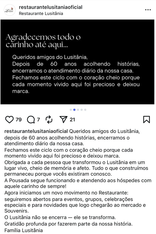 O comunicado do restaurante nas redes sociais anunciando o encerramento do atendimento diário