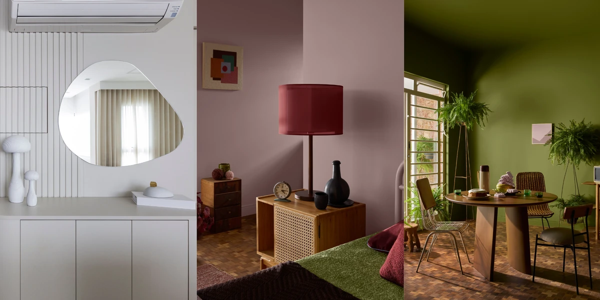 Diferentes espaços que usam a Cloud Dancer, da Pantone, e Tempestade e Cipó da Amazônia, da Suvinil