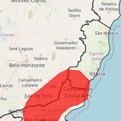 O aviso é válido até o fim de quarta-feira (17) e indica volume de chuva superior a 60 milímetros por hora ou 100 mm ao dia — quantidade expressiva