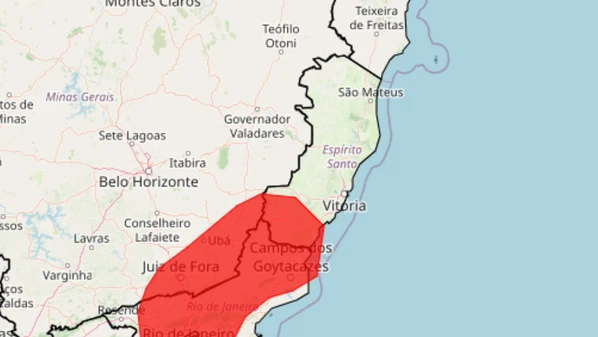 O aviso é válido até o fim de quarta-feira (17) e indica volume de chuva superior a 60 milímetros por hora ou 100 mm ao dia — quantidade expressiva