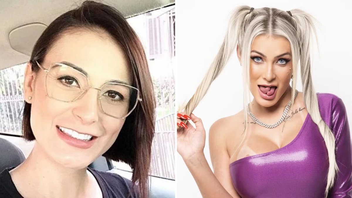 À esquerda Andressa Urach quando era evangélica. À direita, ela atualmente como Mc Ímola