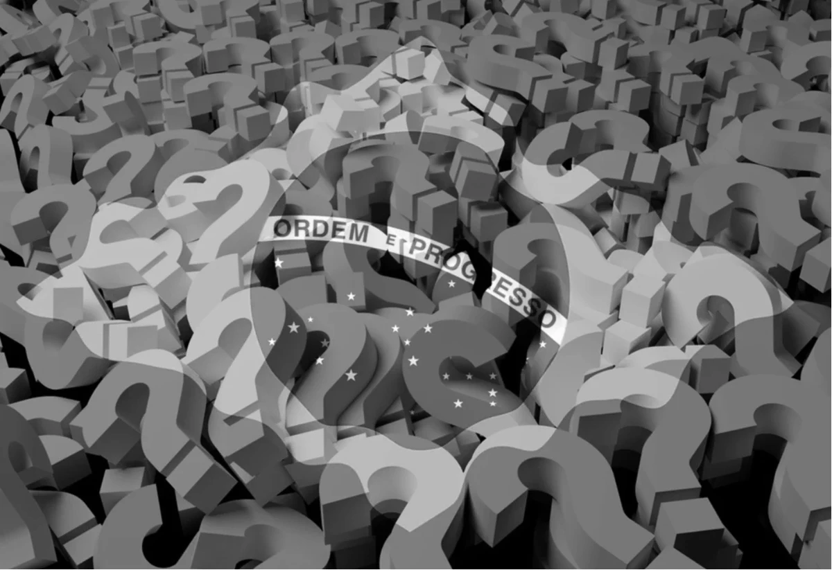 Bandeira do Brasil com pontos de interrogação, incertezas, economia, instabilidade econômica