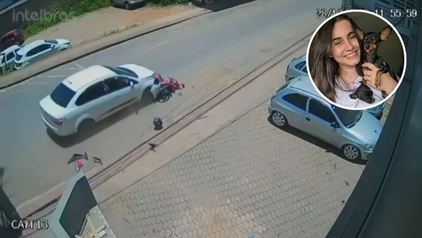 Imagens de videomonitoramento registraram o momento da colisão; mulher segue internada e o condutor ainda não foi localizado