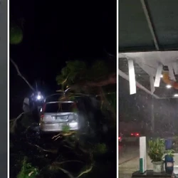 Equipes da prefeitura fazem a limpeza da lama que ficou acumulada em diversos pontos da cidade na manhã desta sexta-feira (2)