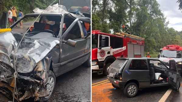 Carro invadiu a contramão e bateu de frente em uma caminhonete. Caso aconteceu no início da manhã deste sábado (3)