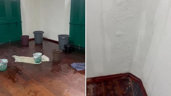 A edificação, que é tombada, contabilizou diversas goteiras durante as chuvas desta segunda-feira (5); reforma custou quase R$ 3 milhões