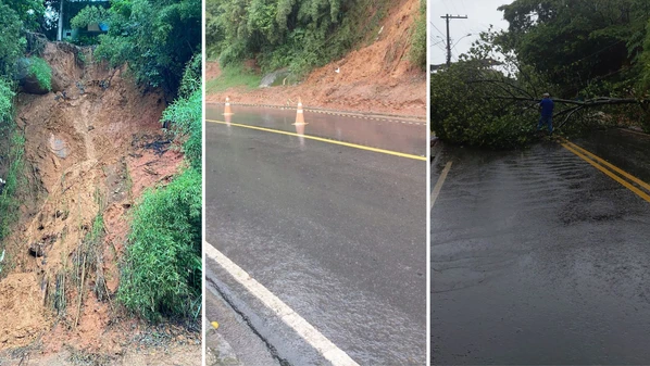 Ruas no bairro Pratinha e no Centro da cidade foram parcialmente interditadas na manhã desta segunda-feira (5) após chuva persistente desde a noite de domingo (4)