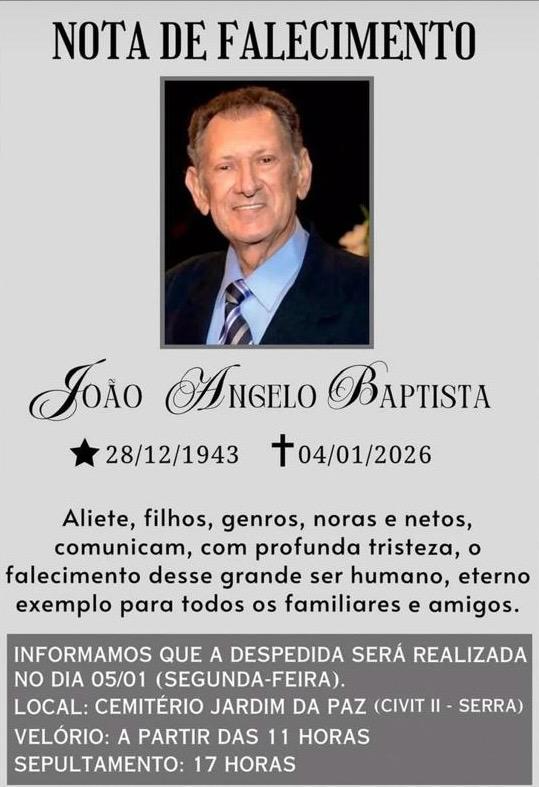 Nota de falecimento de João Angelo Baptista