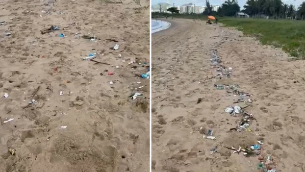 Vídeo mostra sujeira em areia da praia na manhã desta quinta-feira (8)